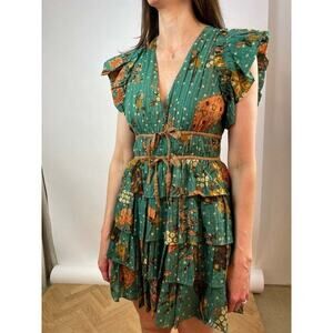 ULLA JOHNSON Marni Green Floral Ruffle Sleeves Tie Hourglass Mini Dress Size 14